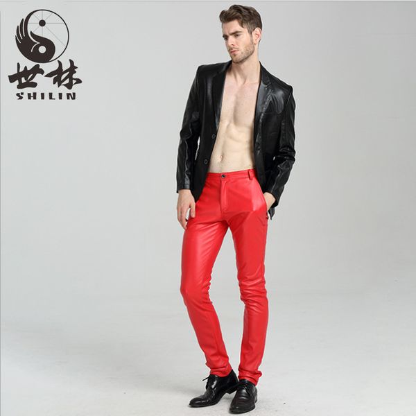 

teenager leather pants men's cool slim fit elasticity locomotive dance nightclub hair dressing fashion motorcycle plus velvet le, Black;red