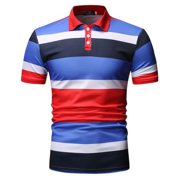 

Men Stripe Button Slim Fit Turn-Down Collar Short Sleeve Top Shirt Summer Casual Turn-down Collar Man T-Shirts Top