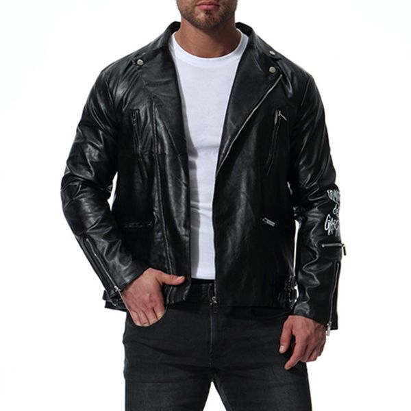 

2019 autumn and winter men's motorcycle multi-zip printed leather coat european and american-style--leather shirt, Black