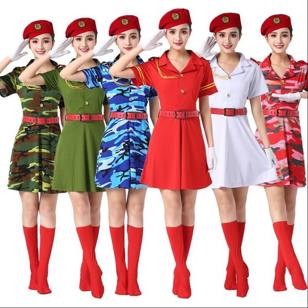 Primavera verão mulheres roupas militares fatos de camuflagem mulher soldados dança vestido quadrado dança desempenho traje azul verde vermelho