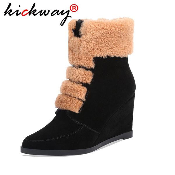 

женщины клин высокий каблук из натуральной кожи снега сапоги натурального меха теплая зима шерсть ботильоны остроконечные toe zipper женщины, Black