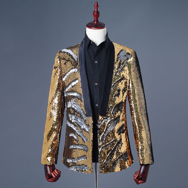 

gold sliver shawl collar sequin blazer men wedding groom tuxedo suit blazer jacket men stage dj singer performance costume homme, White;black