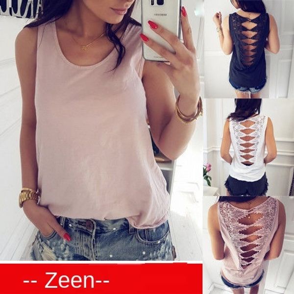 

женская дизайнерская футболка ажурная кружевная строчка без рукавов футболка топ-жилет, White