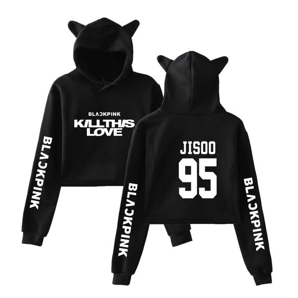 

vagrovsy kawaii kpop blackpink killthislove cat ear hoodies women navel crop 2019 kpop girl streetwear clothes female, Black
