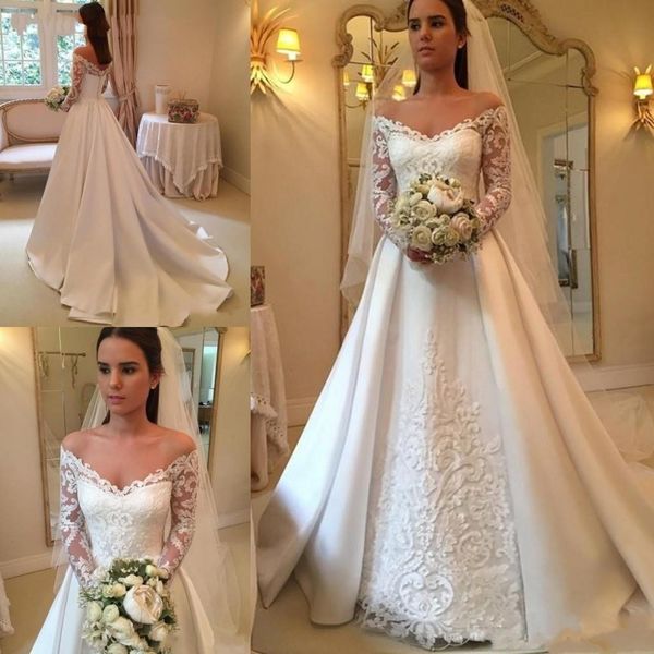 

long sleeves garden wedding dresses 2020 off shoulder cover button back lace appliques beaded stain bridal gowns vestidos de noiva custom, White