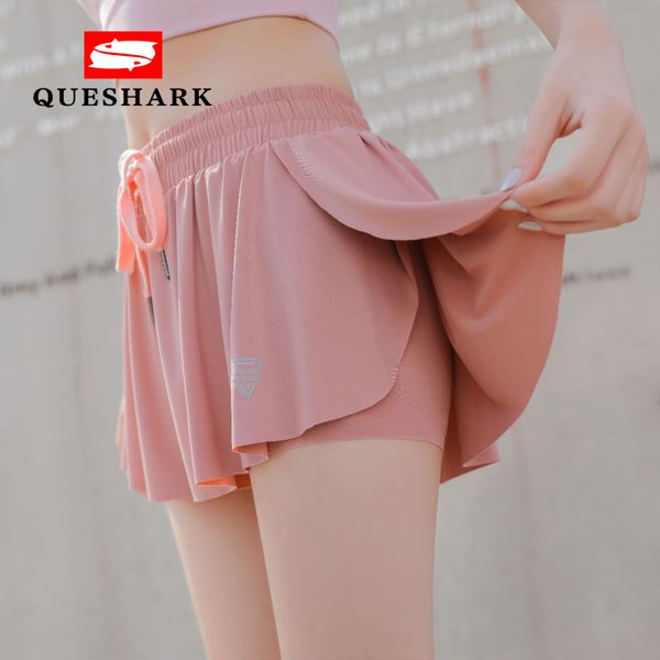 

quesahrk women summer marathon running shorts quick dry 2 in 1 yoga skirt sports fitness loose short pants, White;red