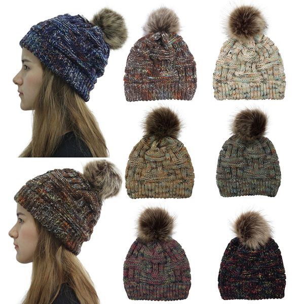 

женщины девушки вязаные шерстяные шапки искусственный мех мяч pom pom вязание крючком шапки зима теплая младенческая дети мальчики девочки ш, Yellow