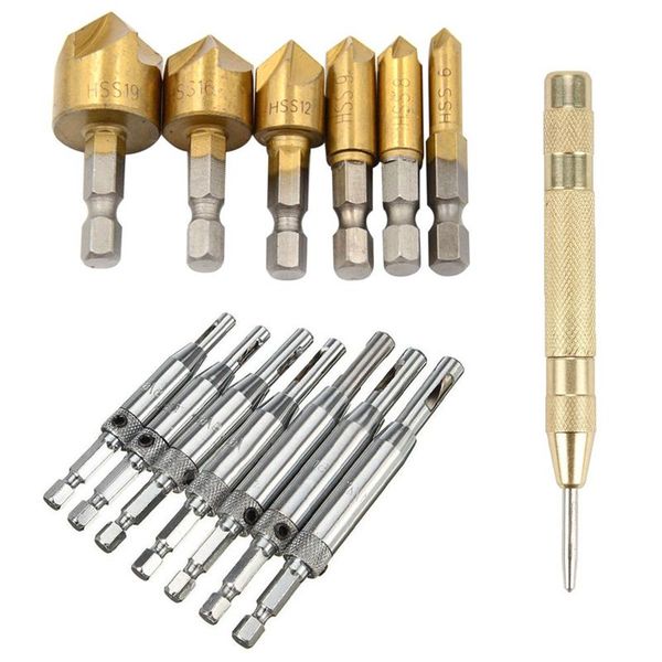 

big deal drill bit set for wood quick change bit and automatic spring loaded center punch and door self-centering hinge core tap