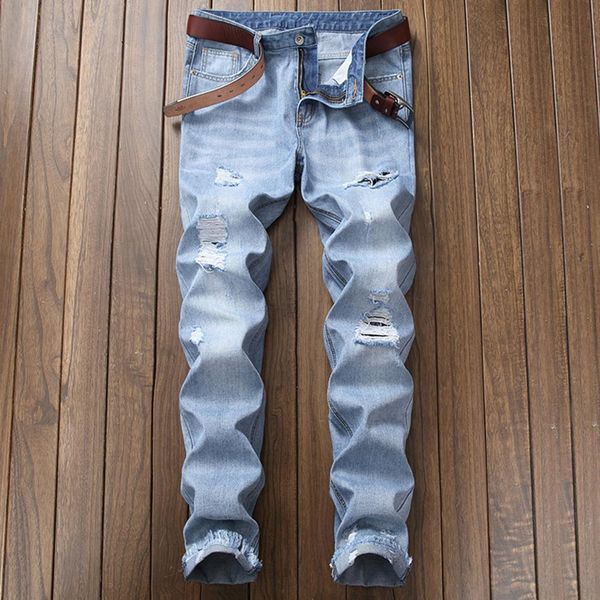 

men fashion jeans frayed hole hip hop denim loose straight long pants gift ing, Blue