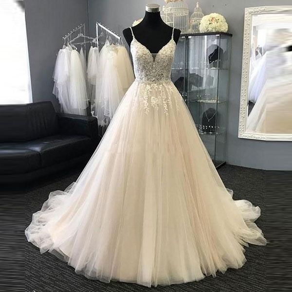 

Ball Gown Wedding Dresses 2019 Elegant V Neck Spaghetti Straps Appliques Lace Beaded Tulle Wedding Gowns Bridal Dresses Custom Made