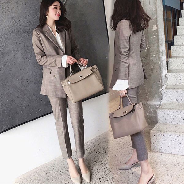 

women suit 2 piece sets casual blazer high waist pant office lady notched jacket pant suits femme set gd480, White;black