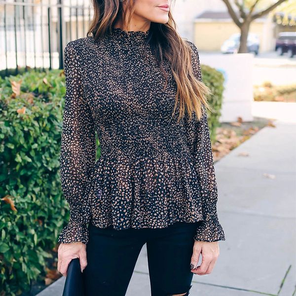 

2020 spring and summer new european and american fashion slim high neck ruffled long sleeve women tshirt long sleeve shirt women, White