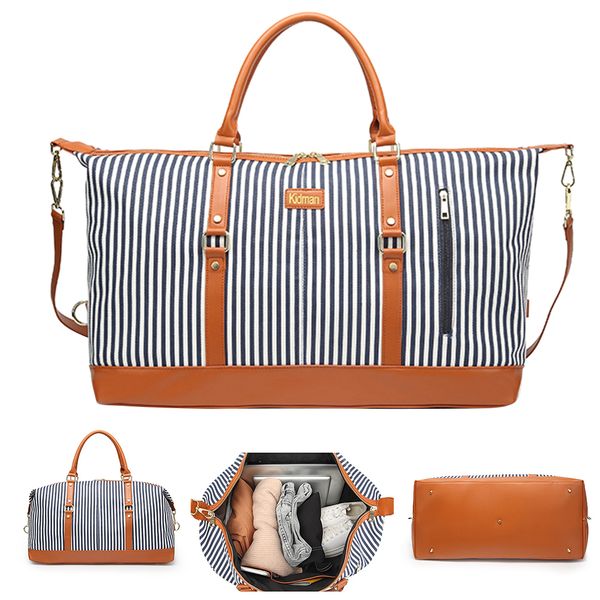 

women travel bag duffel tote soft zipper casual suitcase large capacity fashion handbag trim canvas stripe adjustable strap