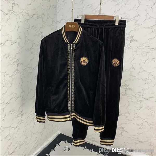 

new 19ss autumn fashion casual men's spring and autumn suit embroidery long sleeve gold velvet t-shirt sports and leisure two-piece sui, Gray