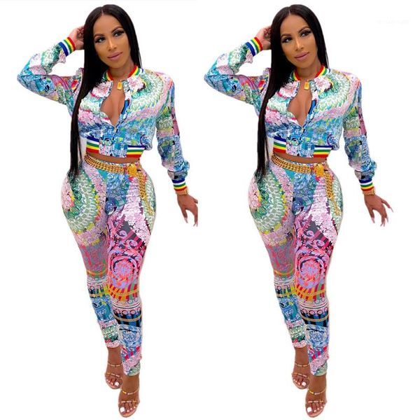 

printed autumn casual slim long sleeved stand collar suits womens fashion tracksuits womens tracksuits 2 piece pants floral, Gray