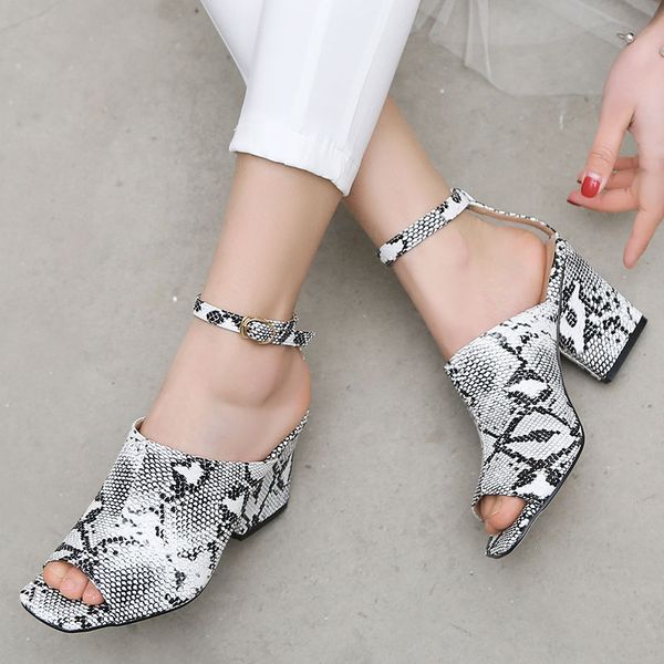 

women snake print peep toe sandals pu ankle strap high heels boots women fashion summer booties lady shoes plus size 41 42 43 44, Black