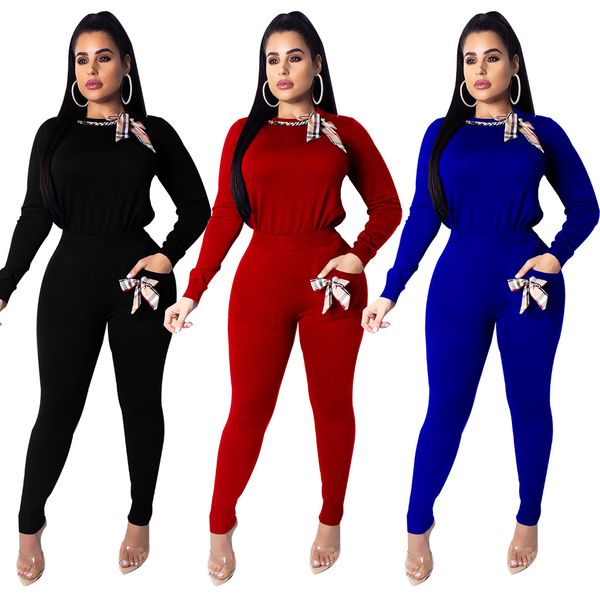 

Women Solid Color 2pcs Sports Suits Checked Bow Long Sleeve Clothing Sets Fashion Sports Club Apparel