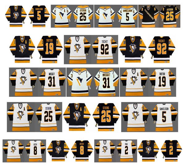 

vintage pittsburgh penguins jerseys 2 jim paek 31 ken wregget 19 bryan trottier 92 tocchet 25 keven stevens 5 samuelsson 8 recchi hockey, Black;red