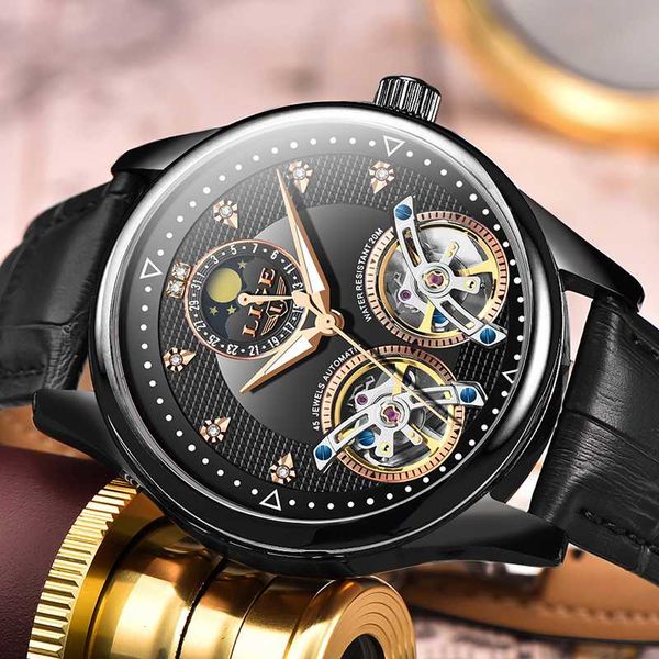 

2020 lige new mens mechanical watches automatic fashion watches leather waterproof sport watch for men, Slivery;brown