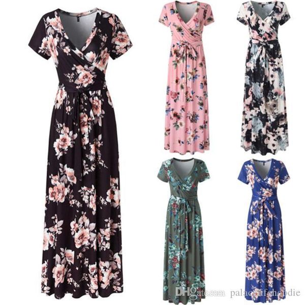 

short sleeve floral print sashes female clothing beach style casual apparel womens summer designer dresses v neck, Black;gray