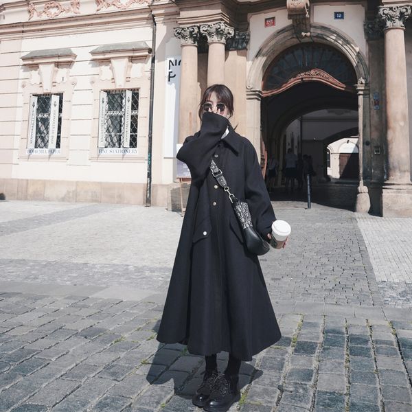 

women lamb wool long coat warm loose winter autumn wool blended outwear female a-line causal black hepburn style