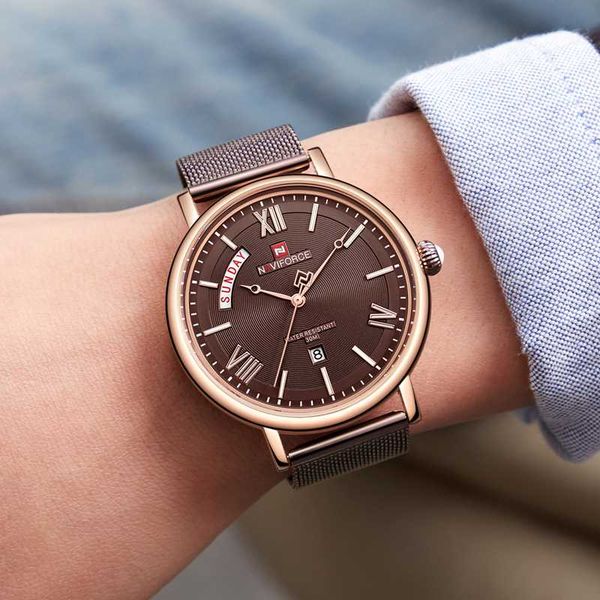 

naviforce men's wristwatch quartz wrist watch men waterproof brown steel strap fashion watches relogio masculino, Slivery;brown