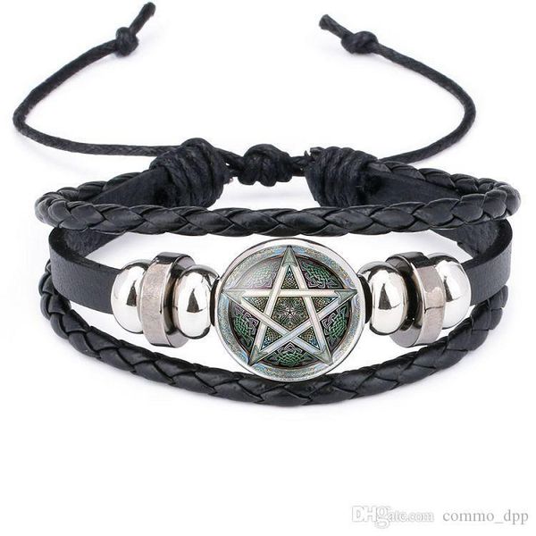 

ancient egypt pentacle mysterious sign bracelets for women men vintage retro pentagram charm leather wrap bangle fashion jewelry, Golden;silver