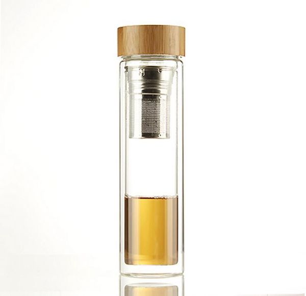 

2020 high boron silicon double layer bamboo cover glass cup water bottle business gifts cup with tea funnel thick heat insulation an3025