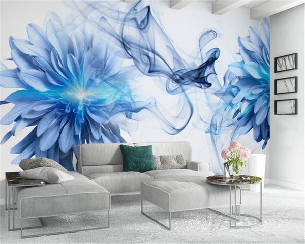

custom 3d flower wallpaper modern simple abstract smoke blue flower living room bedroom background wall exquisite silk wallpaper