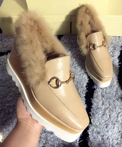 

rabbit fur women creepers shoes stella metallic buckle warm ankle boots female loafers casual leather oxfords shoes sneakers flats, Black