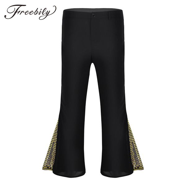 

men retro 70s disco pants bell bottom flared side with sequins dance long pants dude costume trousers men's flared bell, Black