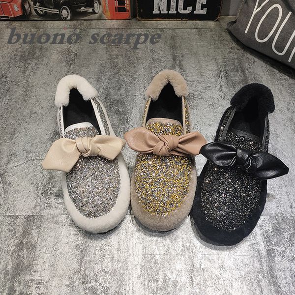 

2019 autumn and winter new thick-soled women's shoes flat with sequins rhinestone bow round head wool side warm cotton shoes, Black