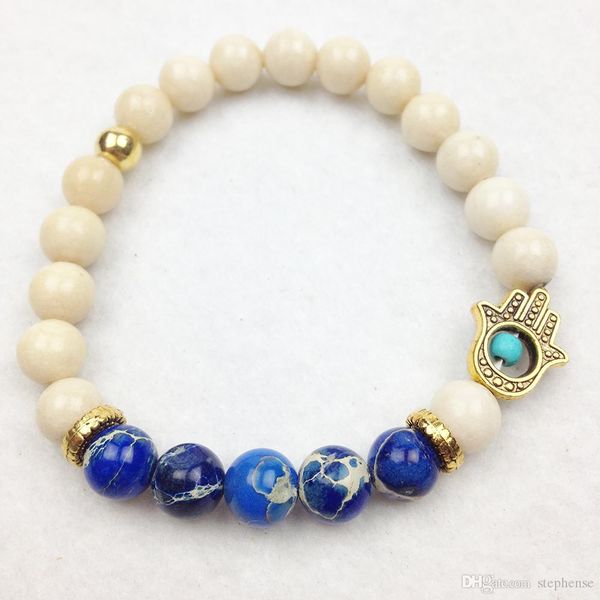 SN0621 Atacado 8 milímetros Blue Sea Jasper pulseira Hamsa Bracelet Natural Pedra Com turquesa pulseira Sorte Jóias frete grátis