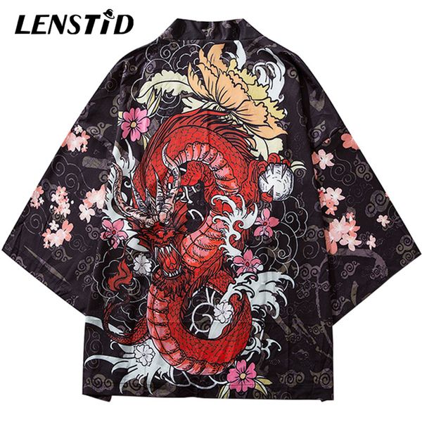 

lenstid hip hop men streetwear chinese fire dragon printed 2020 harajuku kimono jacket japanese summer short thin gown jackets, Black;brown
