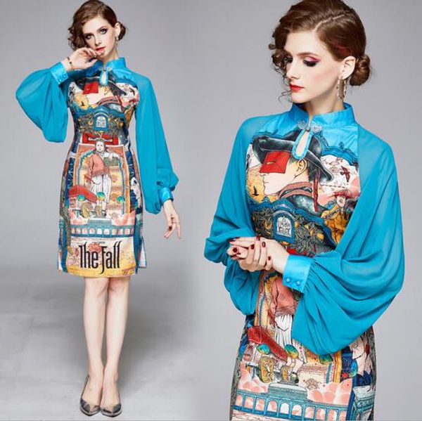 

new lantern sleeve chinese stand collar printed body skirt, Black;gray