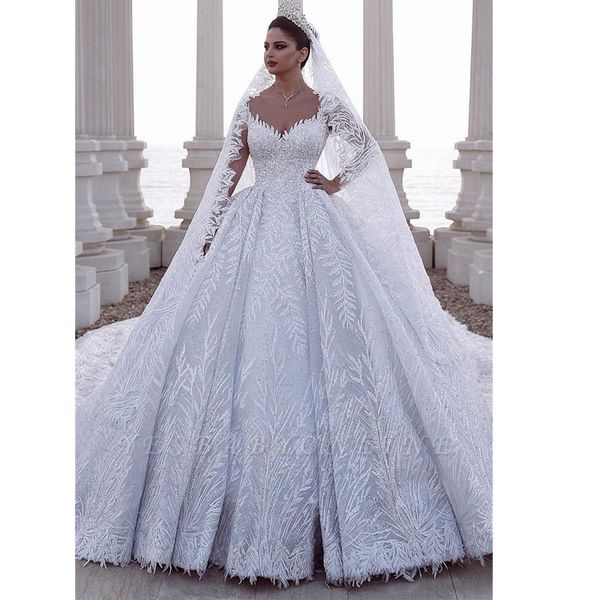 

exquisite sweetheart straps beading wedding dress long sleeve sheer vestido de noiva ball gown wedding dresses bride dress, White