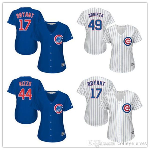 

women's #17 kris bryant #44 anthony rizzo women jersey #49 arrieta blue white home cool base 100% stitched jerseys, Blue;black