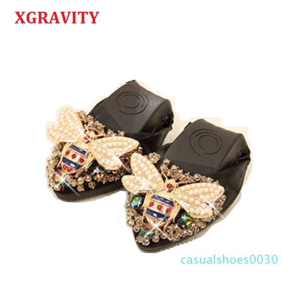 

xgravity bee designer crystal woman big size flat shoes elegant comfortable lady fashion rhinestone women soft girl 30c, Black
