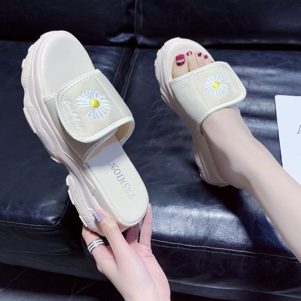 

female shoes slippers flat platform slides fashion med women heels 2020 summer high fabric pu shoes slippers casual, Black