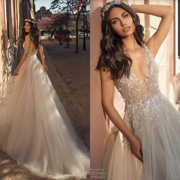 

julie vino 2020 boho свадебные платья v шеи иллюзия кружева блестками тюль развертки поезд пляж свадебные платья спинки vestido де novia, White