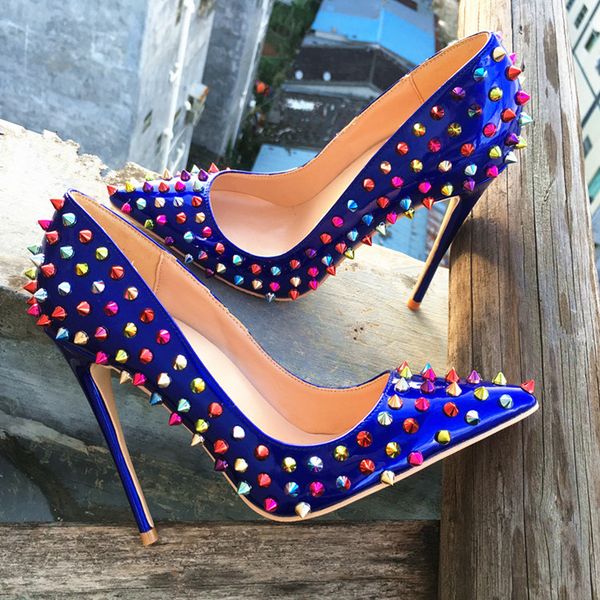 

2019ss fashion women lady spikes rivets blue patent leather poined toes high heeled heels shoes stiletto shoes pump 12cm 10cm