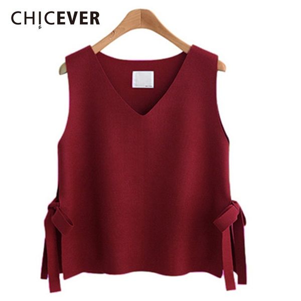 

chicever spring knitted waistcoat for women's vest v neck sleeveless bow bandage vest jackets for women fashion casual clothes, Black;white