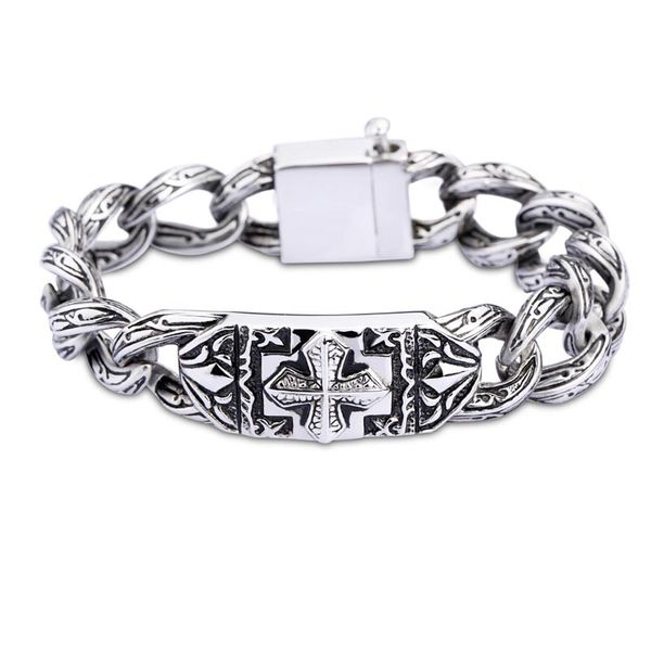 

cool men thick heavy classic ancient silver cross pattern stainless steel chain bracelets titanium steel bangle religious jewelry, Black