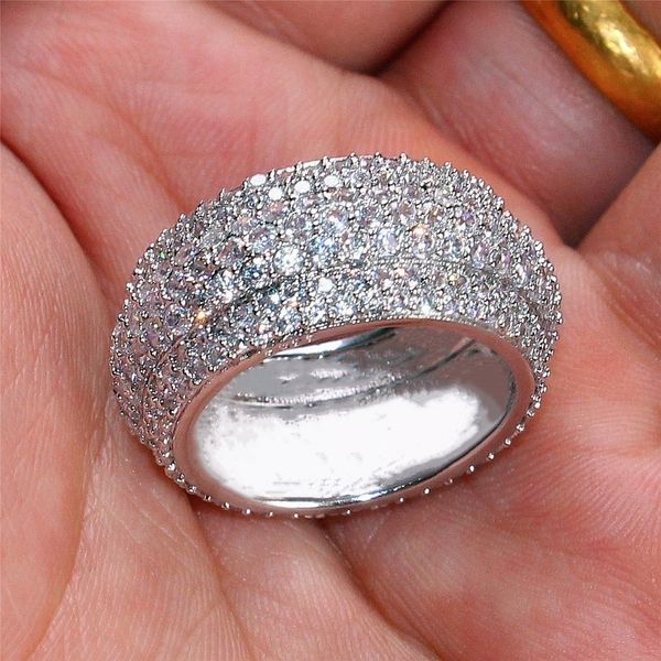 

роскошный 10kt белое золото заполненные 360pcs белый сапфир алмазный birthstone кольцо мужские свадебные обручальное кольцо диапазона ювелир, Silver