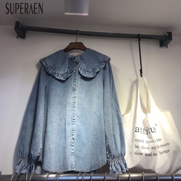 

superaen 2019 new denim shirt women single-breasted korean style fashion autumn ladies blouses and long-sleeved shirts, White