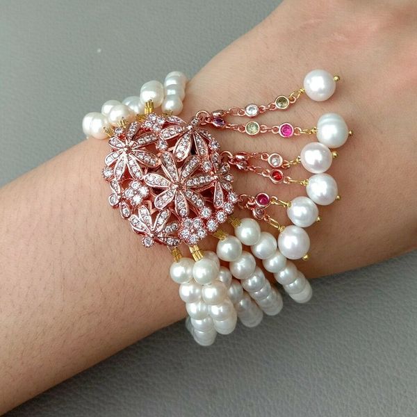 

5 rows cultured white pearl bracelet cz pave connector 8, Black