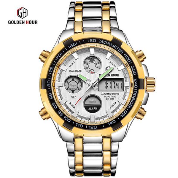 

men analog digital steel sports watches men's army watch man quartz clock relogio masculino, Slivery;brown