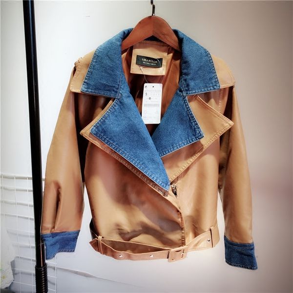 

ewq]2019 winter new pattern denim stitching fake two-piece jacket loose motorcycle short full sleeve coffee leather coat qk606, Black;brown