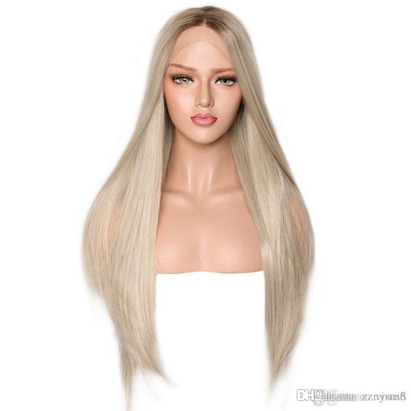 

темно-коричневые корни ombre platinum прямой синтетический парик фронта шнурка термостойкое волокно для волос среднего пробора для женщин, Black