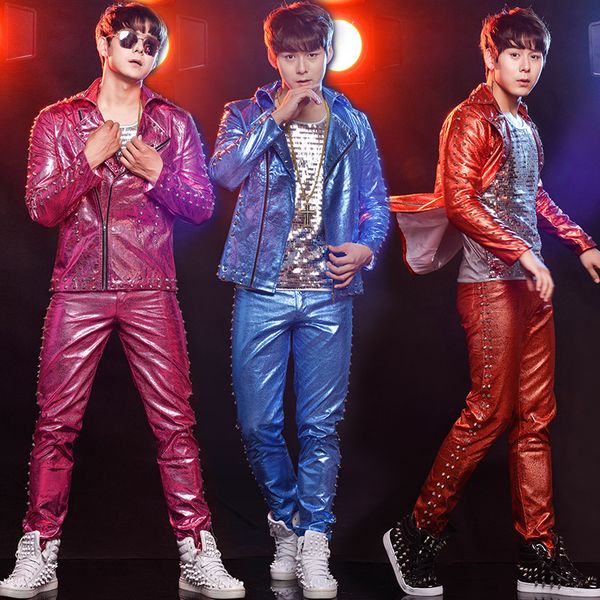 

new fashion stage dj rivet male singer costume leather jacket men's motorcycle personality leather jacket pants set, Black